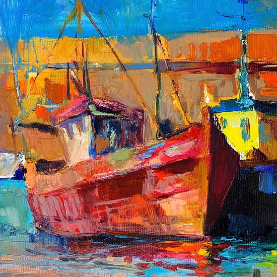 Tableau de bateaux multicolores avec cadre argent, Tableaux / Toiles