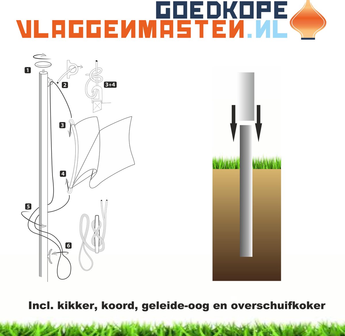 Vlaggenmast wit, 6 meter, diameter 100-60 mm. Aluminium conisch, wit gecoat incl. kikker, oranje knop, oog, koord en overschuifkoker. Type BASIC 1206W1B - goedkope-vlaggenmasten.nl