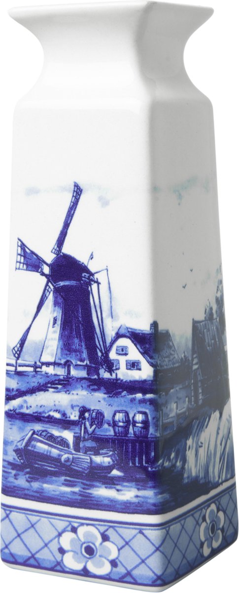Heinen Delfts Blauw Vaas Molen - Vierkant - Keramiek - 22 cm Delfts blauw