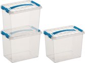 3x Sunware Q-Line opberg boxen/opbergdozen 9 liter 30 x 20 x 22 cm kunststof - Opslagbox - Opbergbak kunststof transparant/blauw