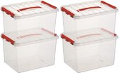 8x Sunware Q-Line opberg boxen/opbergdozen 22 liter 40 x 30 x 26 cm kunststof - opslagbox - Opbergbak kunststof transparant/rood