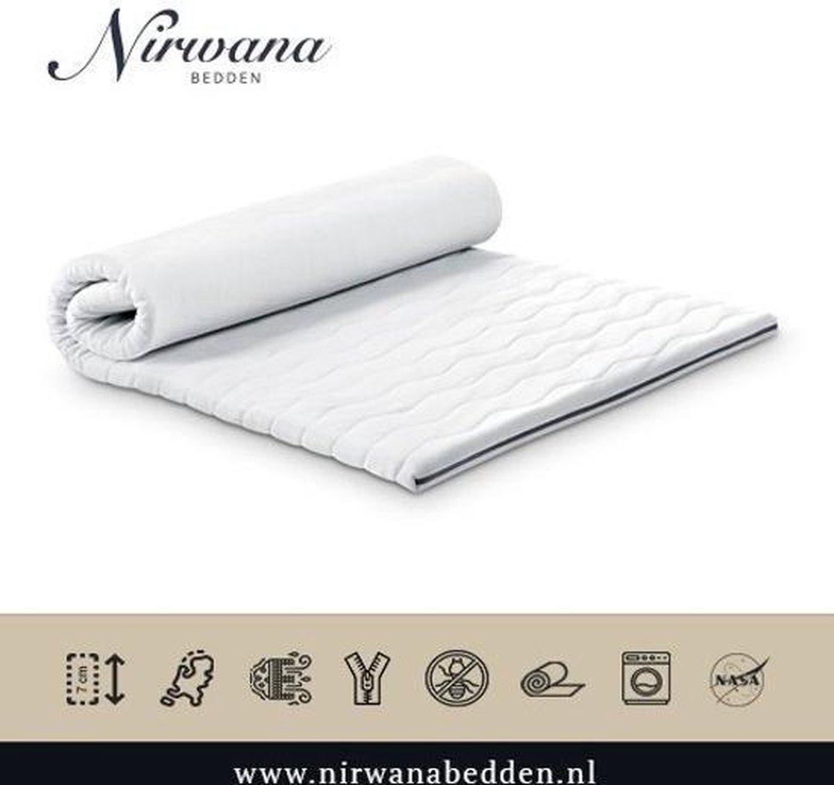 Nirwana Bedden 170x210 Topdekmatras - Topper NASA-VISCO - Traagschuim - 7 CM - Nirwana Bedden Wit