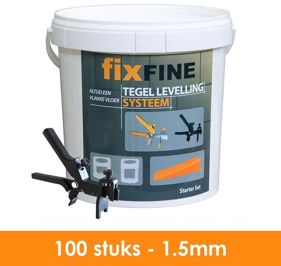 Fixfine Tegel Levelling Starter Set - 100 stuks - 1,5mm Clips, Keggen en Tang - Emmer van 10 Liter - Geschikt voor Tegels van 3 tot 13mm Dikte