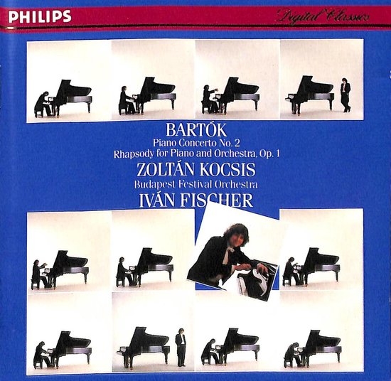 CD-hoes met een collage van kleine afbeeldingen van een vleugel en pianist, met een grotere foto van Zoltán Kocsis achter de piano.
