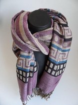 Sjaal grof geweven lengte 180 cm breedte 70 cm figuren kleuren paars beige zwart blauw bruin franjes.