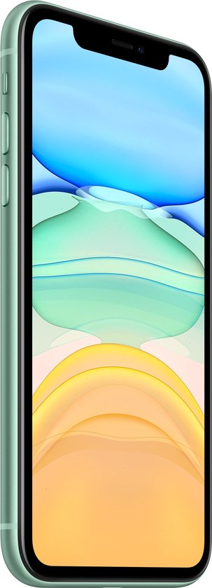 Perspectivisch aanzicht van de lichtgroene iPhone 11, toont de rechterzijkant en het scherm.