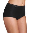 Zwarte dames maxi slip met kanten boord aan de taille en beenopeningen. Sloggi logo op de linker heup.