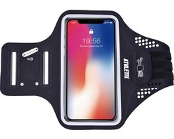 Premium Sportarmband - Universele Hardloop Armband - iPhone, Samsung & Huawei - Smartphonehouder - Reflecterend, Spatwaterdicht, Sleutelhouder, Verstelbaar - Lycra - Zwarte Sportarmband - ATHLETIX