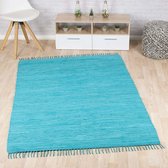 Kelim vloerkleed effen handweef Bomull - turquoise 70x250 cm