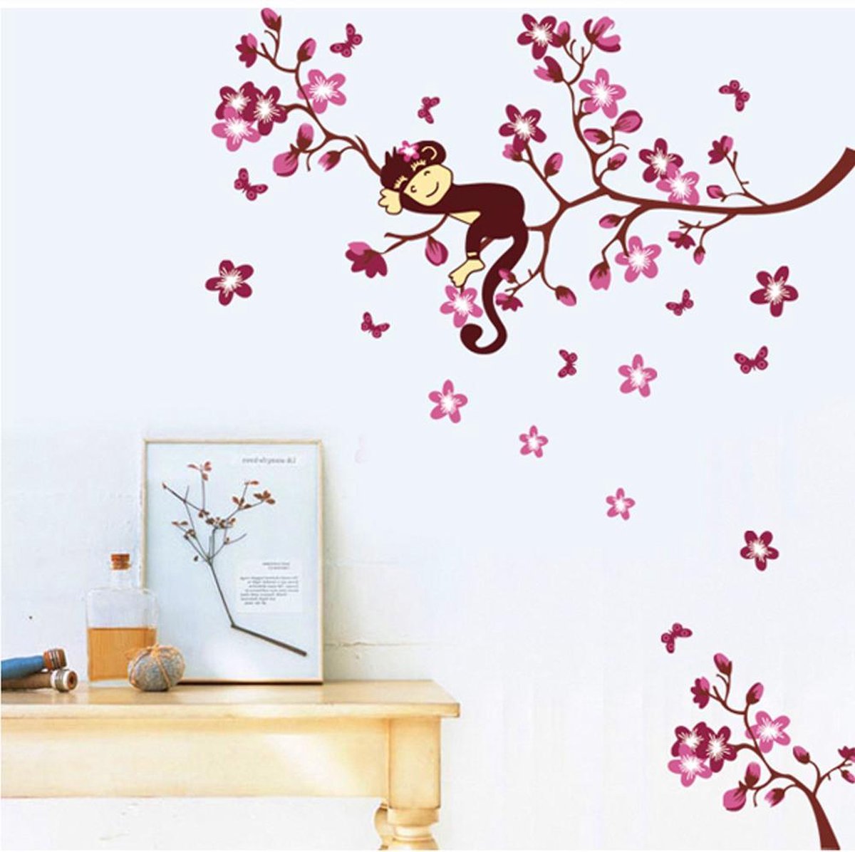 Vwist Muursticker Roze Tak - Kinderkamer - Meisjeskamer - Aapje - 120 x 85 CM