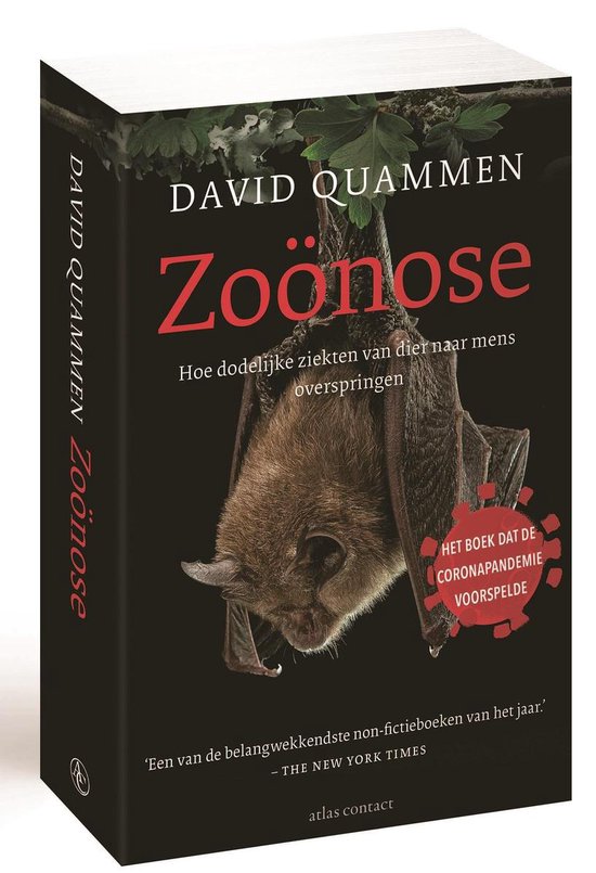Een boek met de titel Zoönose, met een vleermuis die ondersteboven hangt. Tekst: 'Het boek dat de coronapandemie voorspelde'.