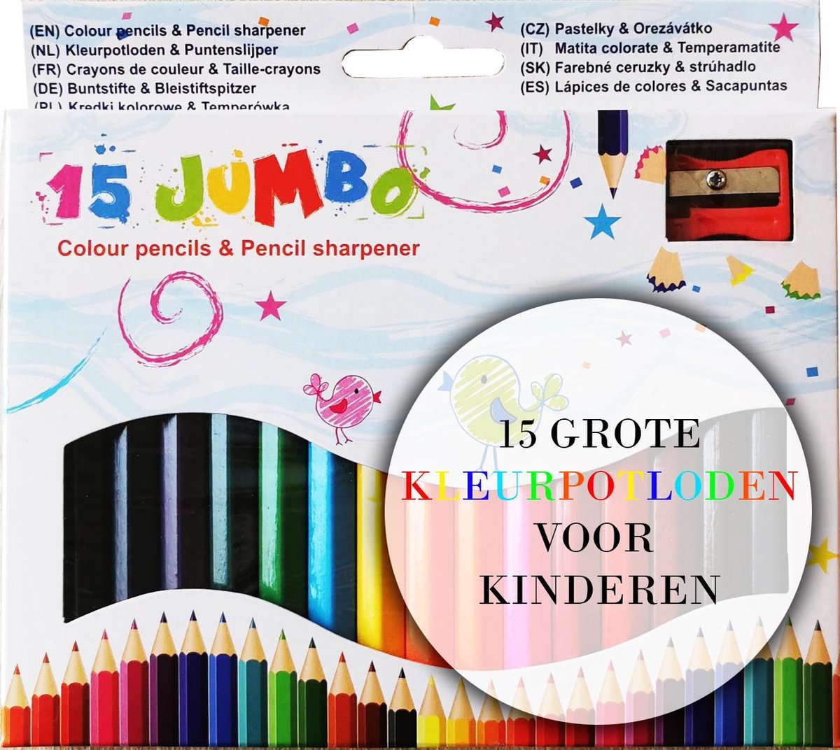 Kleurpotloden met Puntenslijper  - Jumbo - 15 stuks - Makkelijk vast te houden voor kinderen vanaf 3 jaar - Merkloos
