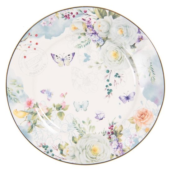 Clayre & Eef Ontbijtbord Ø 19 cm Wit Blauw Porselein Bloemen