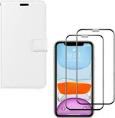 Bookcase Geschikt voor: iPhone 11 - wit - portemonee hoesje + 2X Full cover Tempered Glass Screenprotector