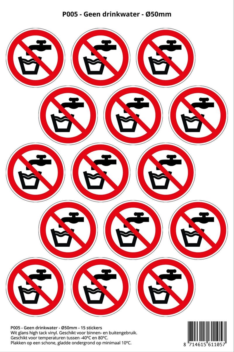 Pictogram sticker P005 - Geen drinkwater - Ø 50mm - 15 stickers op 1 vel