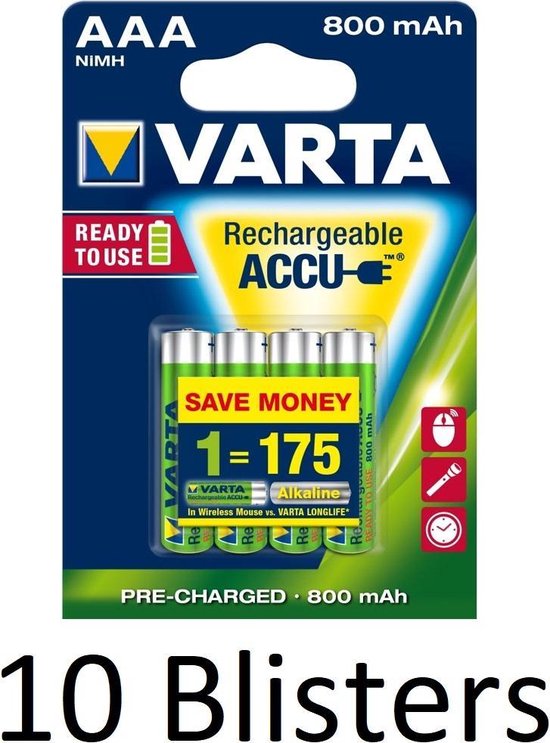 Mart Niet meer geldig hospita 40 Stuks (10 Blisters a 4 st) Varta AAA Oplaadbare Batterijen - 800mAh |  bol.com