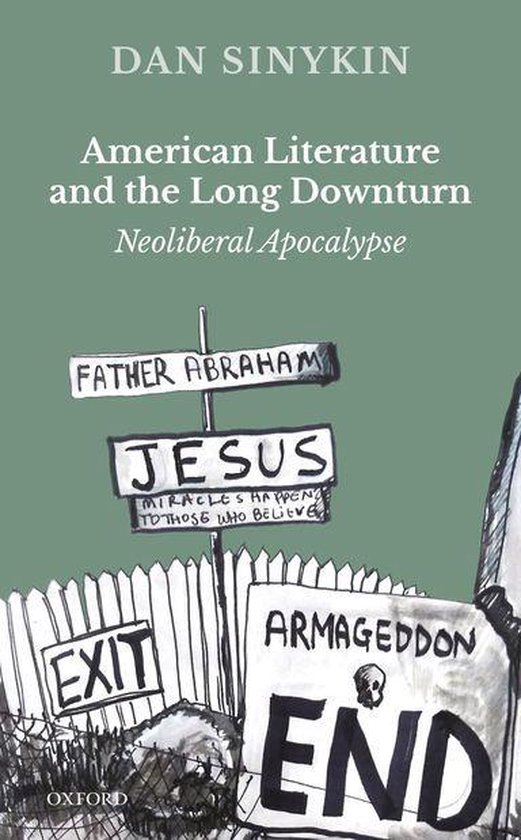 Boekomslag met een illustratie van verkeersborden met teksten als 'Father Abraham', 'Jesus' en 'Armageddon End' op groene achtergrond.