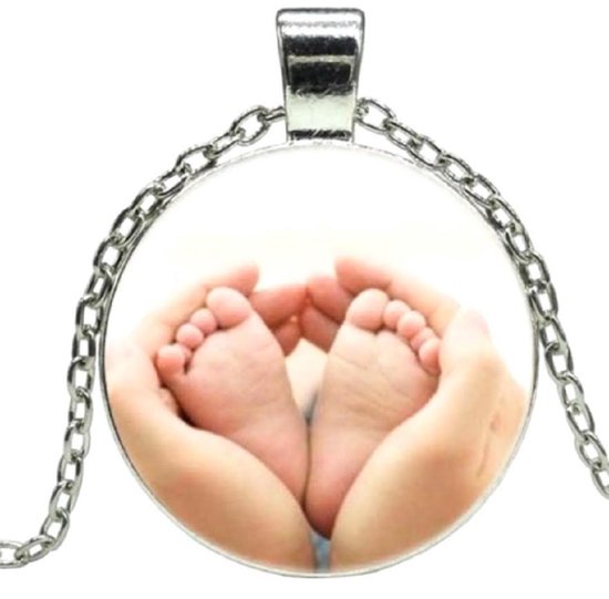 Cabochon -ketting- Baby voetjes-28 mm- Moeder- Zilverkleur