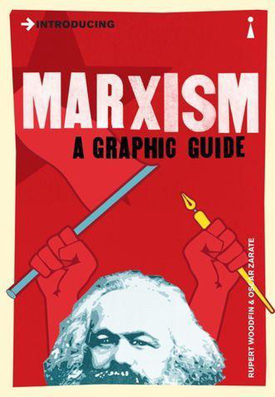 Boekomslag van 'Introducing Marxism: A Graphic Guide' met een portret van Karl Marx en twee vuisten die een pen en penseel vasthouden.
