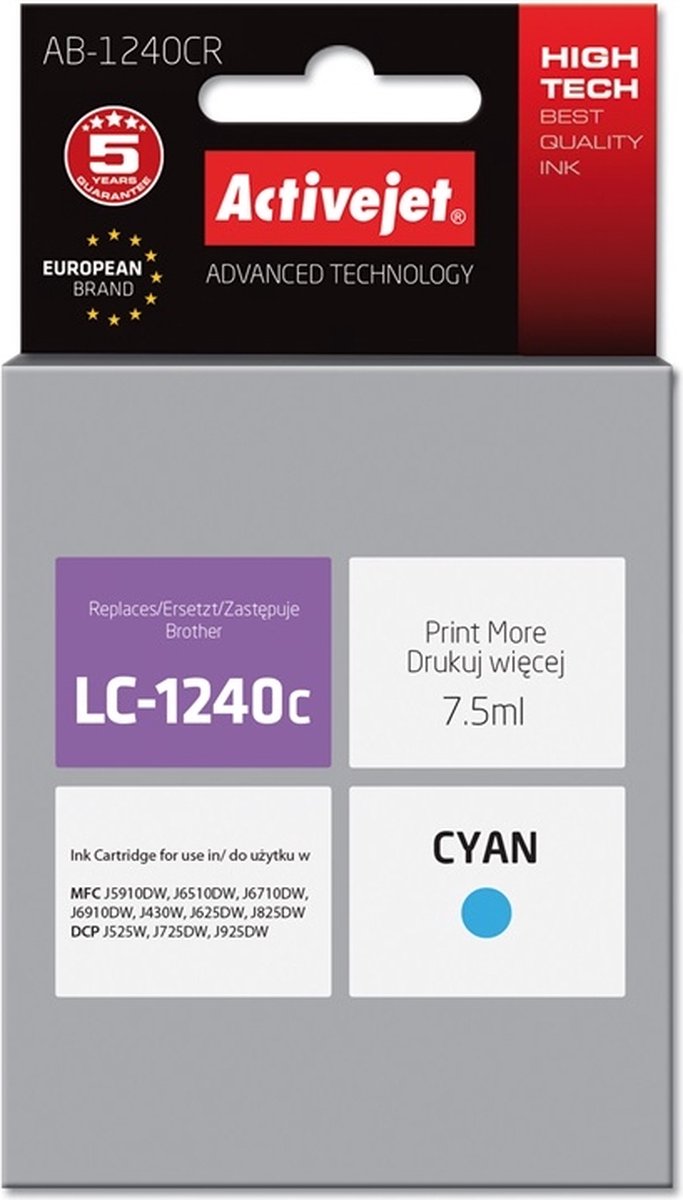ActiveJet AB-1240CR-inkt voor brother printer; Brother LC1220C / LC1240C Vervanging; Premie; 7,5 ml; cyaan.