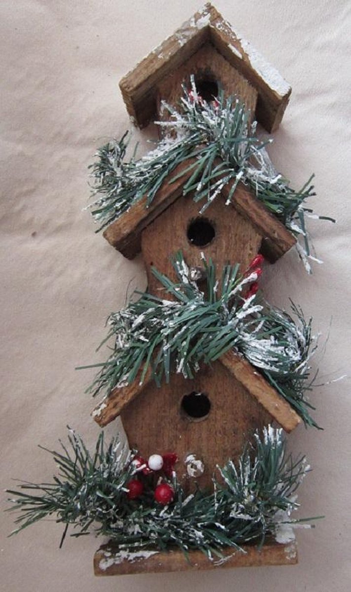ZoeZo Design - 2 stuks - kersthuisje - kerst - hout - met decoratie - 29 x 10 x 6 cm