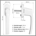 Afmetingen van witte raamgreep: 151 mm lengte, 35 mm spindellengte, 7 mm spindelbreedte, 43 mm schroefafstand, 90° draaibereik.