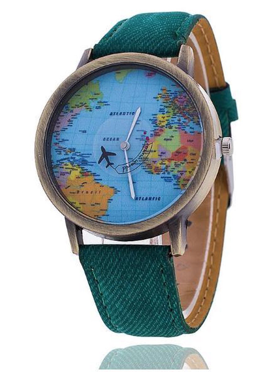 Hidzo Horloge Wereldkaart - Ø 38 mm - Groen - kunstleer - In Horlogedoosje