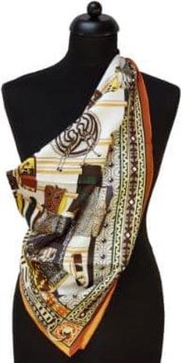 ThannaPhum Luxe zijden sjaal - Wit met donkerbruine motieven 85 x 85 cm