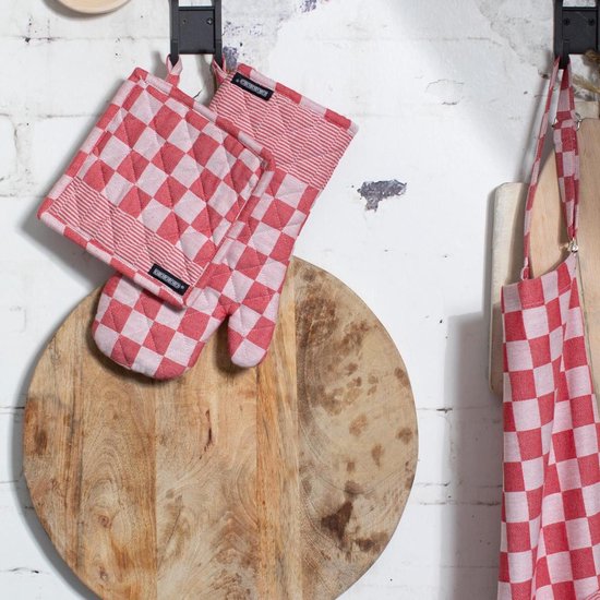DDDDD Barbeque Pannenlap - Set van 2 - Katoen - Geruit - Met Ophanglus - 21x21 cm - Rood