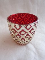 waxinelichtjeshouder kerst in rood-goud glas, 9 x 9 cm Ø (set van 2 stuks) !