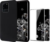 Hoesje geschikt voor Samsung S20 Ultra - Liquid Siliconen Case + Screen Protector Full - Zwart