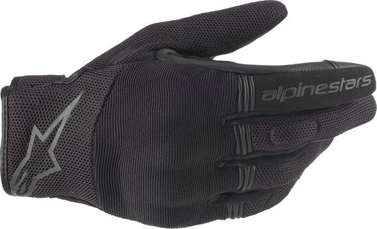 Zwarte Alpinestars motorhandschoen met mesh bovenzijde, leren palm en zilverkleurig sterlogo.