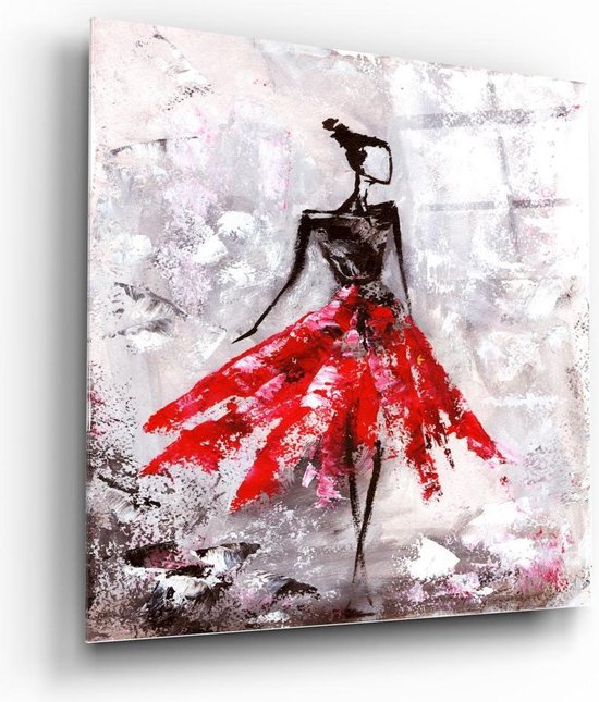 Insigne Glazen Schilderijen - Abstract Vrouw Glasschilderij - Rode Rok - Wanddecoratie - 50x50 cm