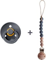 Bibs fopspeen 0-6 maanden(Maat 1) Iron + Mushie Speenkoord donker grijs (Hout/Siliconen)