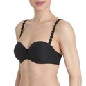 Zwarte strapless bh met decoratieve, ronde bandjes en een strikje aan de voorkant.