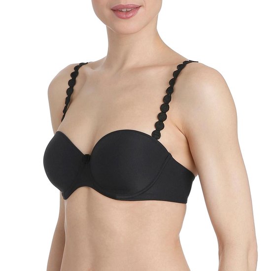 Zwarte strapless bh met decoratieve, ronde bandjes en een strikje aan de voorkant.