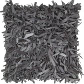 Kussen shaggy hoogpolig 60x60 cm leer en katoen grijs