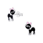 Joy|S - Zilveren kat poes oorbellen 7 x 9 mm zwart