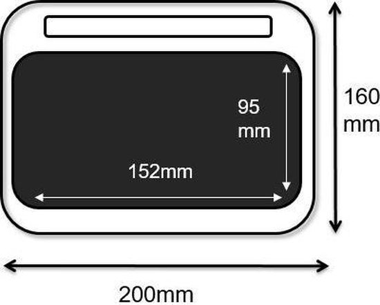 Diagram van een Wacom tekentablet met afmetingen: 200mm breed, 160mm hoog, 152x95mm werkgebied.