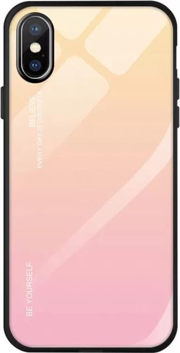 Telefoonhoesje hoge kwaliteit schokbestendige krasbestendige glazen backcover ( Iphone X & XS ) Roze/ Zalm