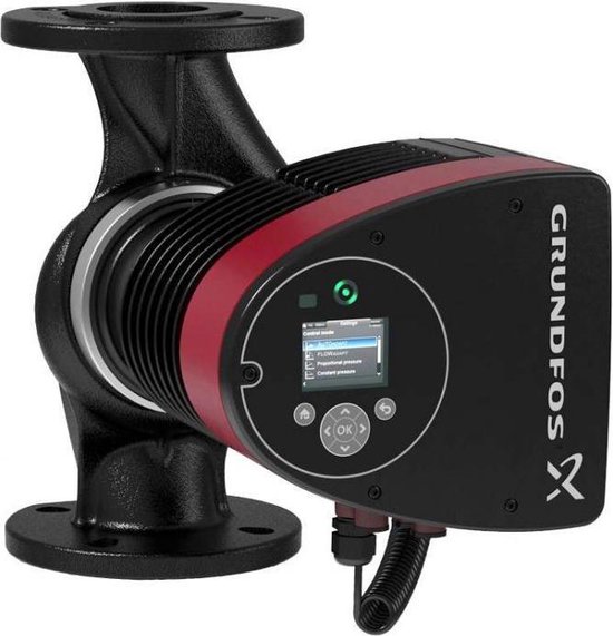 Zwarte Grundfos MAGNA3 circulatiepomp met rode accenten, een display met menu-instellingen en knoppen. Flens aan de linker- en rechterzijde.