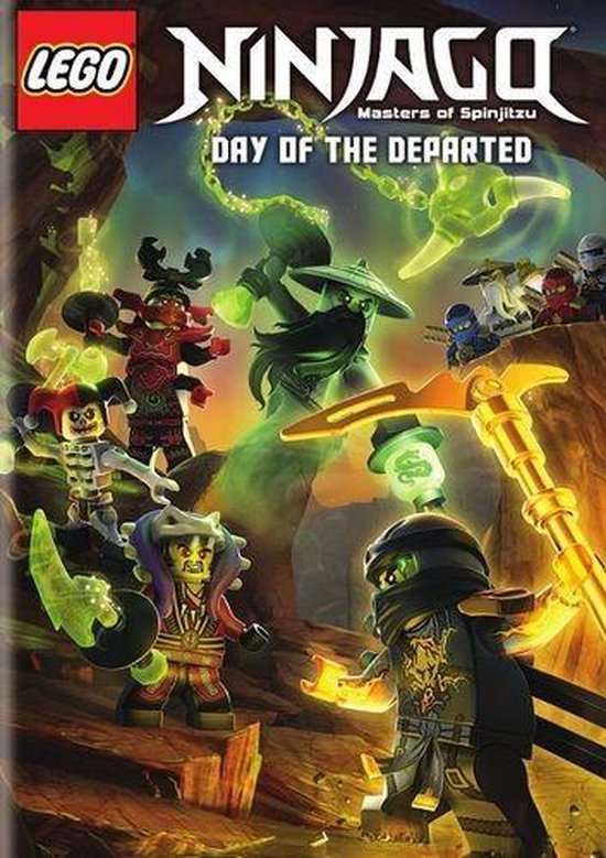 Lego Ninjago Day of the Departed DVD-cover met zes ninja's in gevechtsposes, waaronder een spookachtige ninja en een ninja met een gouden staf.