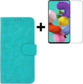 Samsung Galaxy A71 / A71s Hoes Wallet Book Case Cover Pearlycase Turquoise + Screenprotector Tempered Gehard Glas