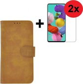 Samsung Galaxy A71 / A71s Hoes Wallet Book Case Cover Pearlycase Bruin + 2X Screenprotector Tempered Gehard Glas 2 stuks