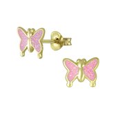Joy|S - Zilveren roze glitter vlinder oorbellen 14k goudplating