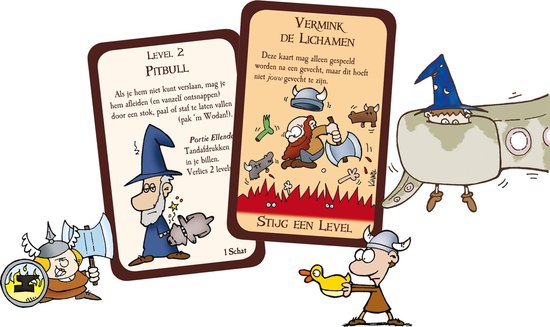 Twee speelkaarten van Munchkin met cartoonfiguren: een man met een tovenaarsmuts en een bijl, en een viking met een schild en een eend.