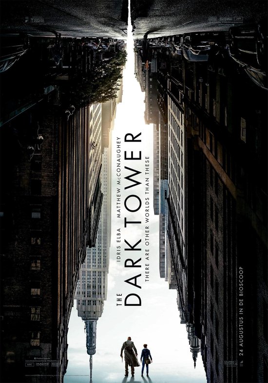 Poster van The Dark Tower met een stad die ondersteboven hangt.