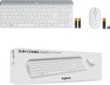 Wit Logitech MK470 Slim Combo toetsenbord en muis met batterijen en USB-ontvanger, en de productverpakking.