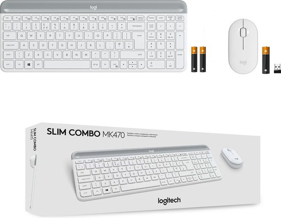 Wit Logitech MK470 Slim Combo toetsenbord en muis met batterijen en USB-ontvanger, en de productverpakking.