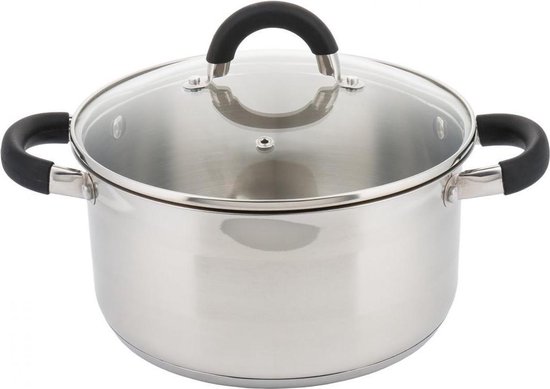 Rvs kookpan met glazen deksel en zwarte handvatten, 16 cm.